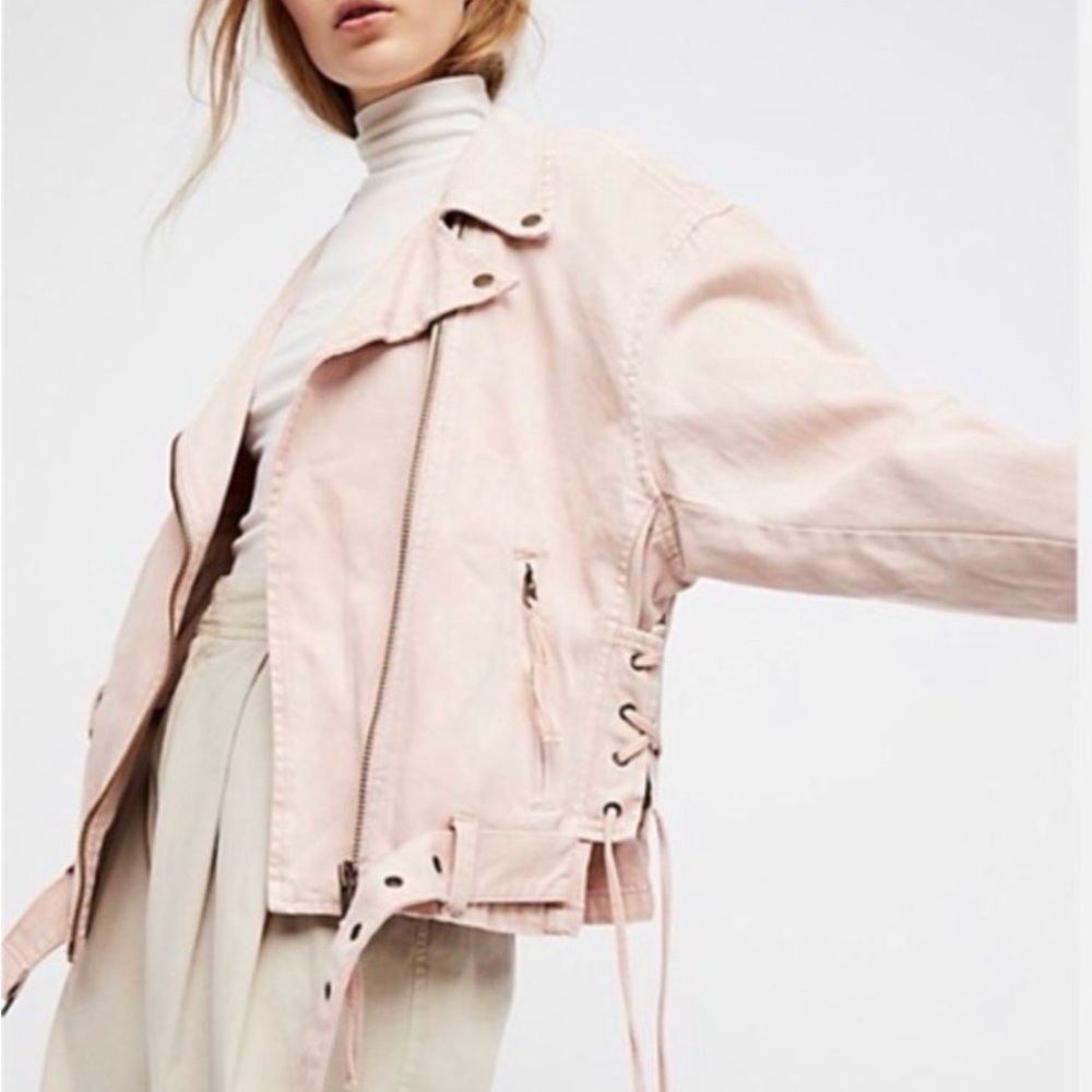 Free People Pink Jean Jacket with Moto Style and Textured Fabric